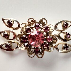 Vintage Purple Rhinestone Filigree Silver Tone Brooch Pin Vtg 1 3/4" Floral Leaf